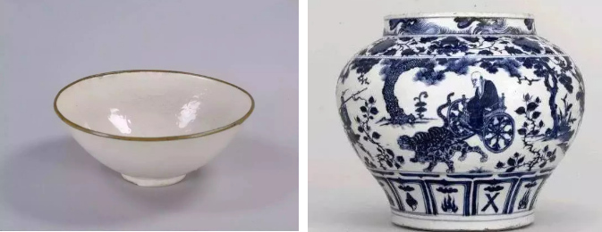 元代以后，青花瓷（右）逐漸取代了定瓷（左）