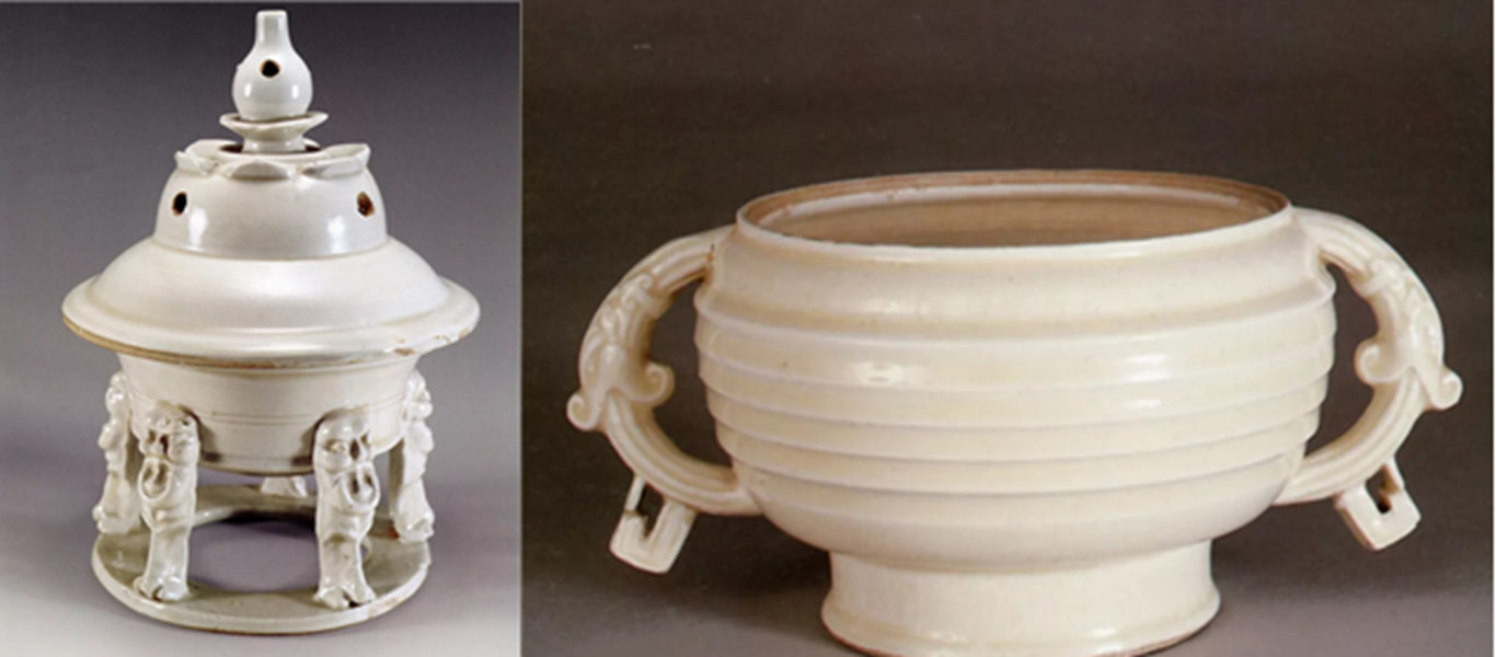 收藏于定州博物館的宋代定窯五獸足熏爐（左），中國臺北故宮博物院收藏的定窯簋式爐（右）